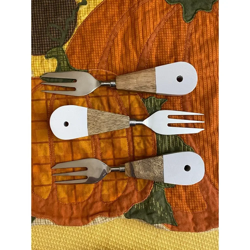 Set of 3 Wood Handle Appetizer Serving Forks 2-Eat Local & 1-Enjoy Today